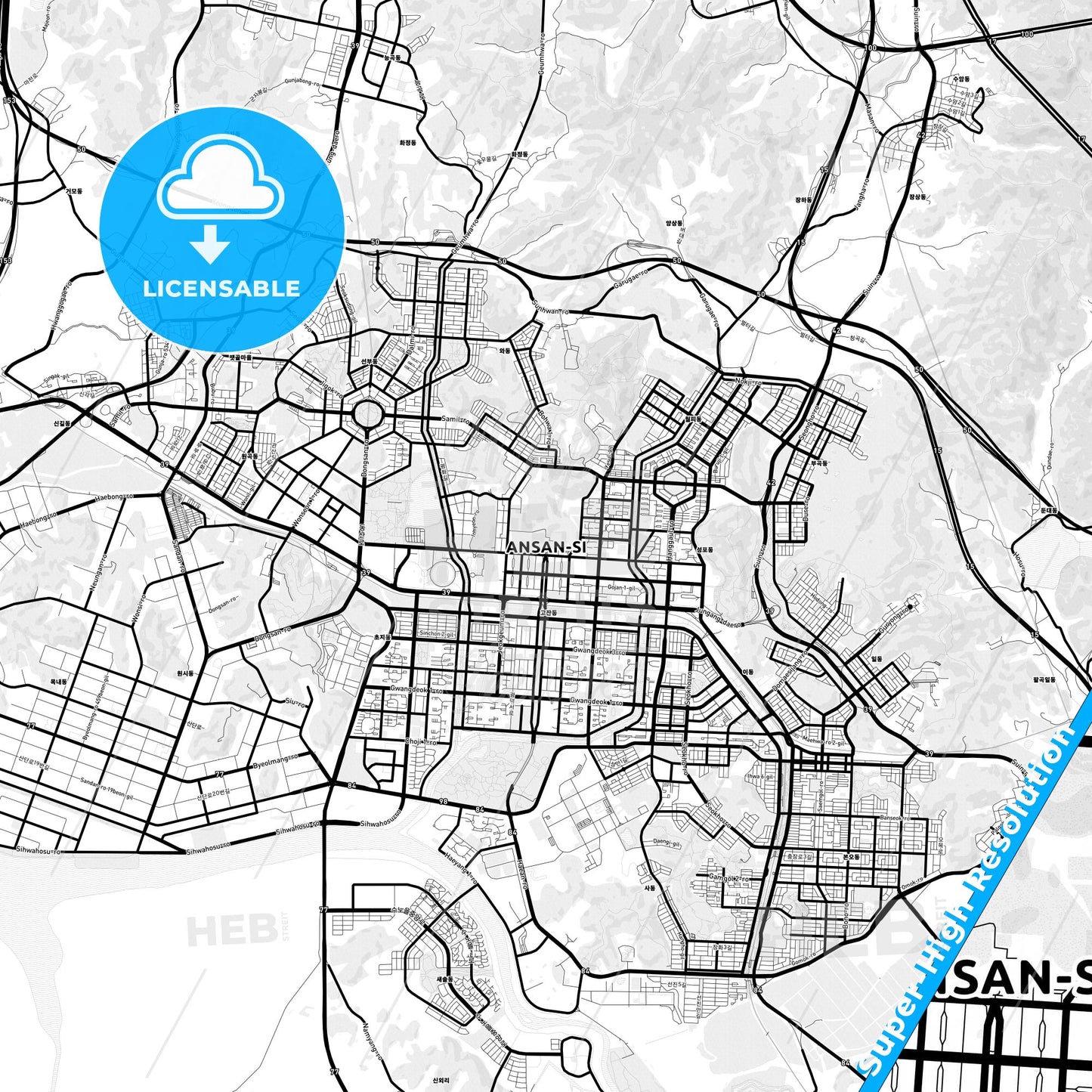 Ansan, South Korea Light Map with Street Names, City Names, and Districts