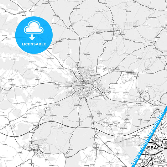 Ansbach, Germany light map with streetnames, citynames and districts
