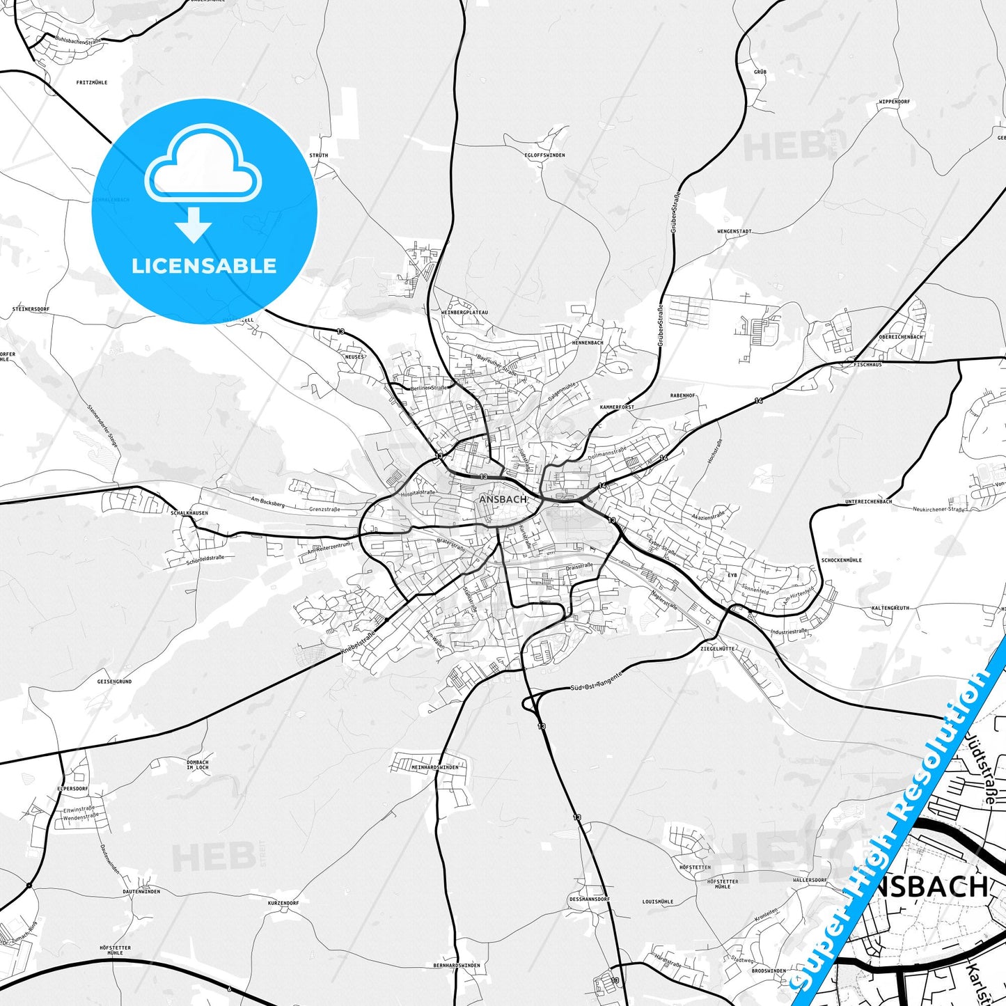 Ansbach, Germany Light Map with Street Names, City Names, and Districts