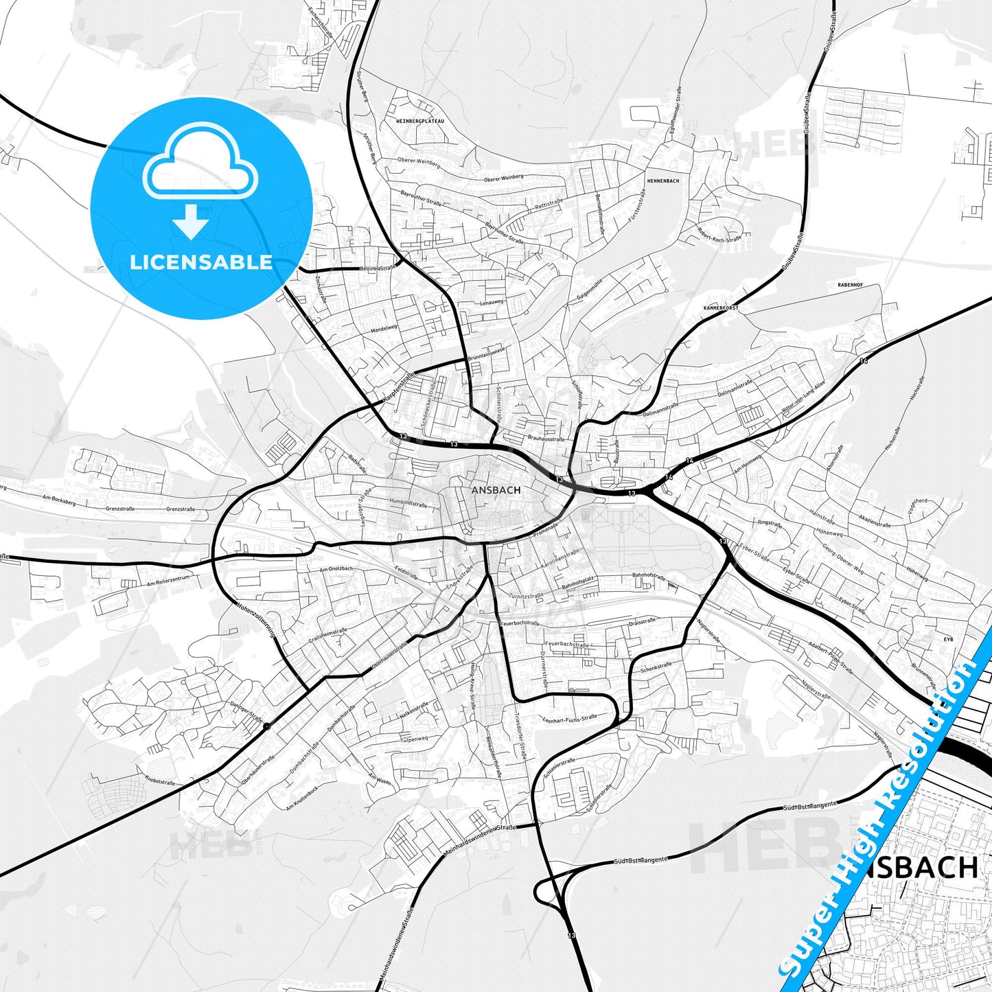 Ansbach, Germany Light Map with Street Names, City Names, and Districts