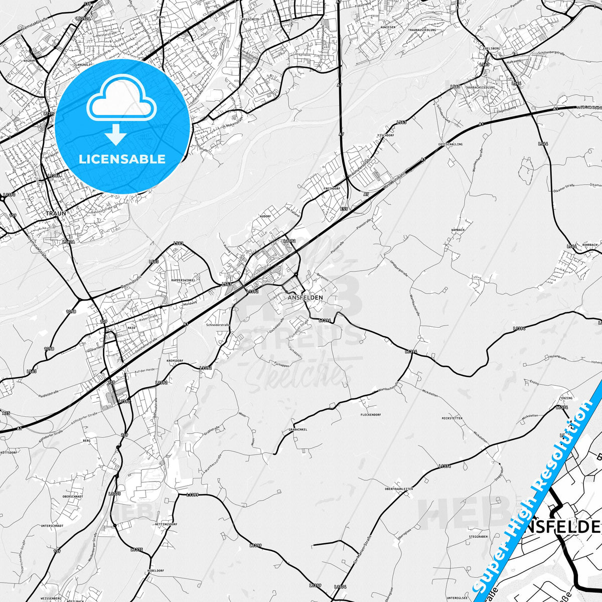 Ansfelden, Austria Light Map with Street Names, City Names, and Districts