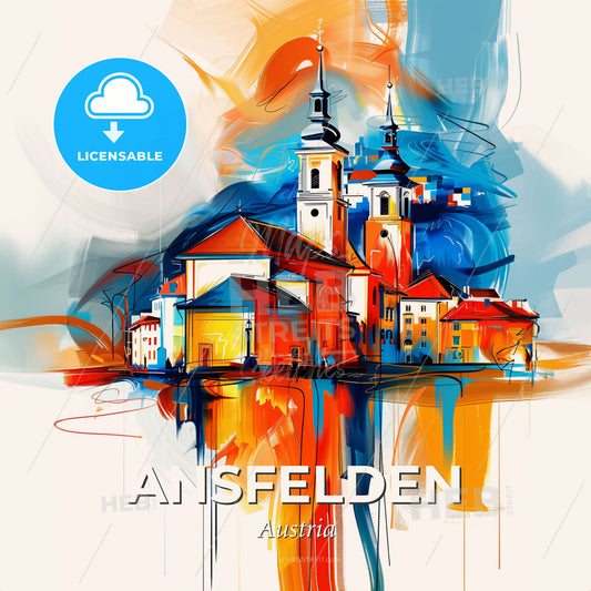 Vibrant Ansfelden, Austria - A Painting Of A Building With Towers - Square format print template
