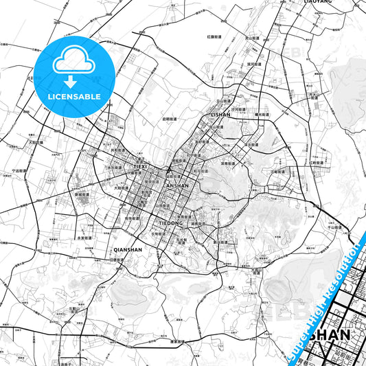 Anshan, China light map with streetnames, citynames and districts