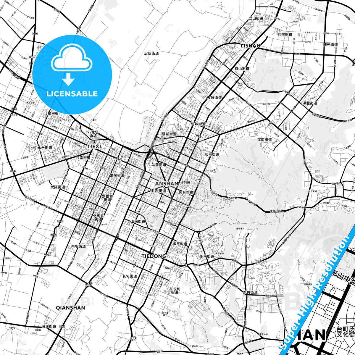 Anshan, China Light Map with Street Names, City Names, and Districts
