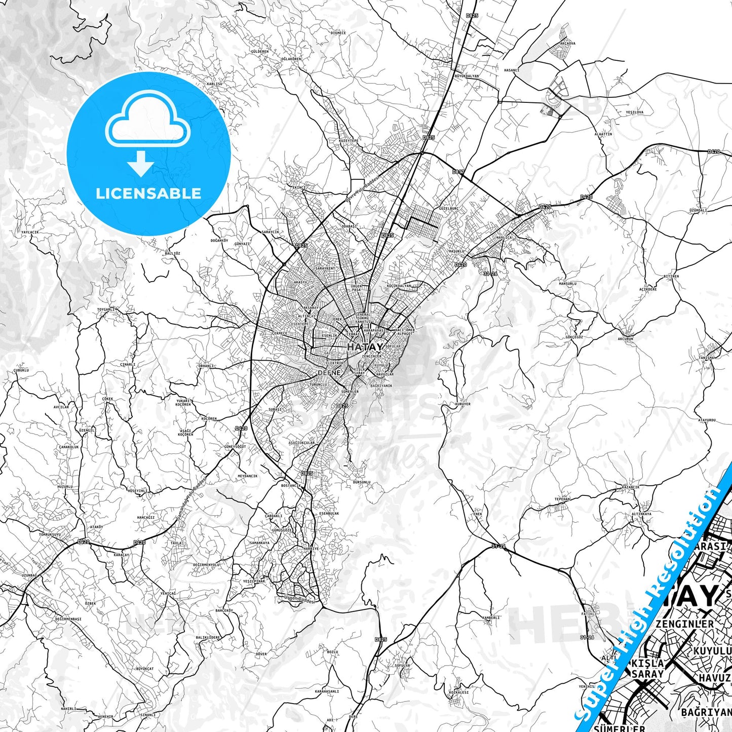Antakya, Turkey light map with streetnames, citynames and districts