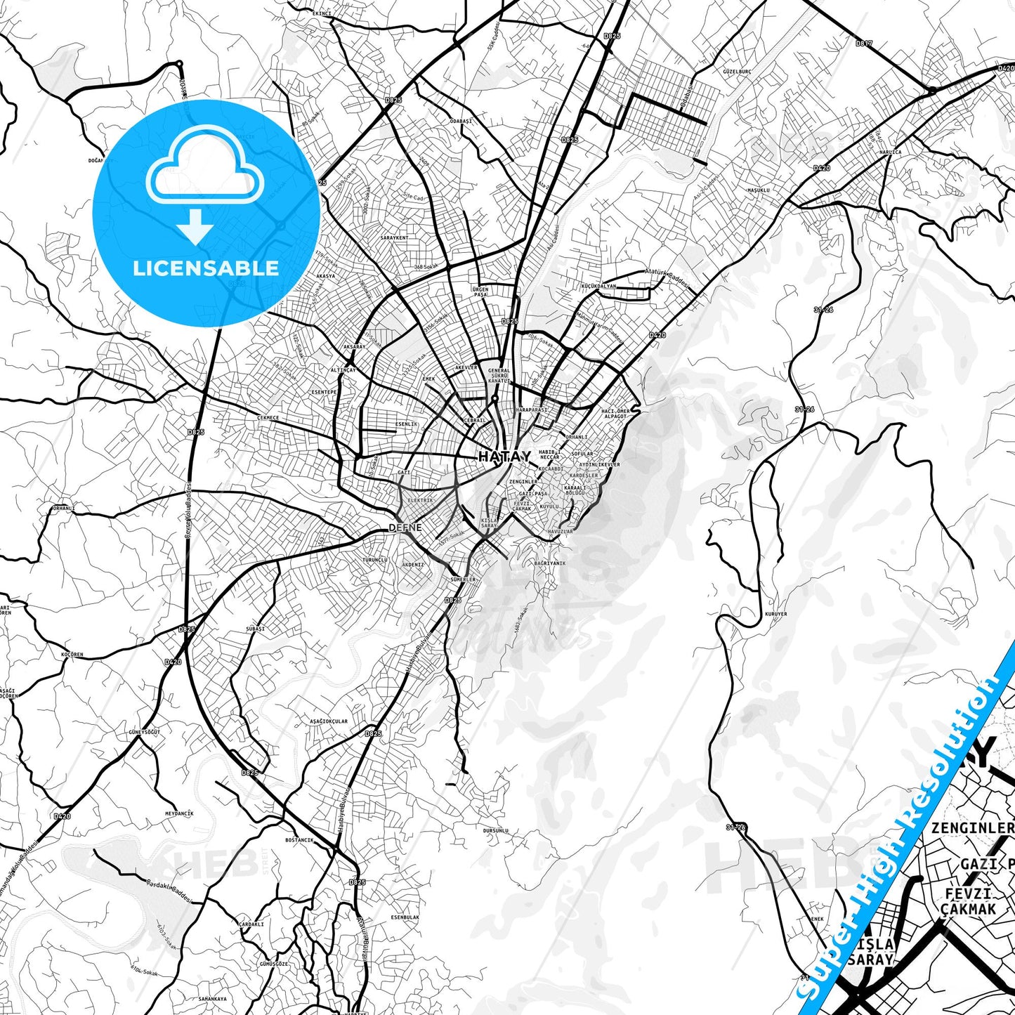 Antakya, Turkey Light Map with Street Names, City Names, and Districts