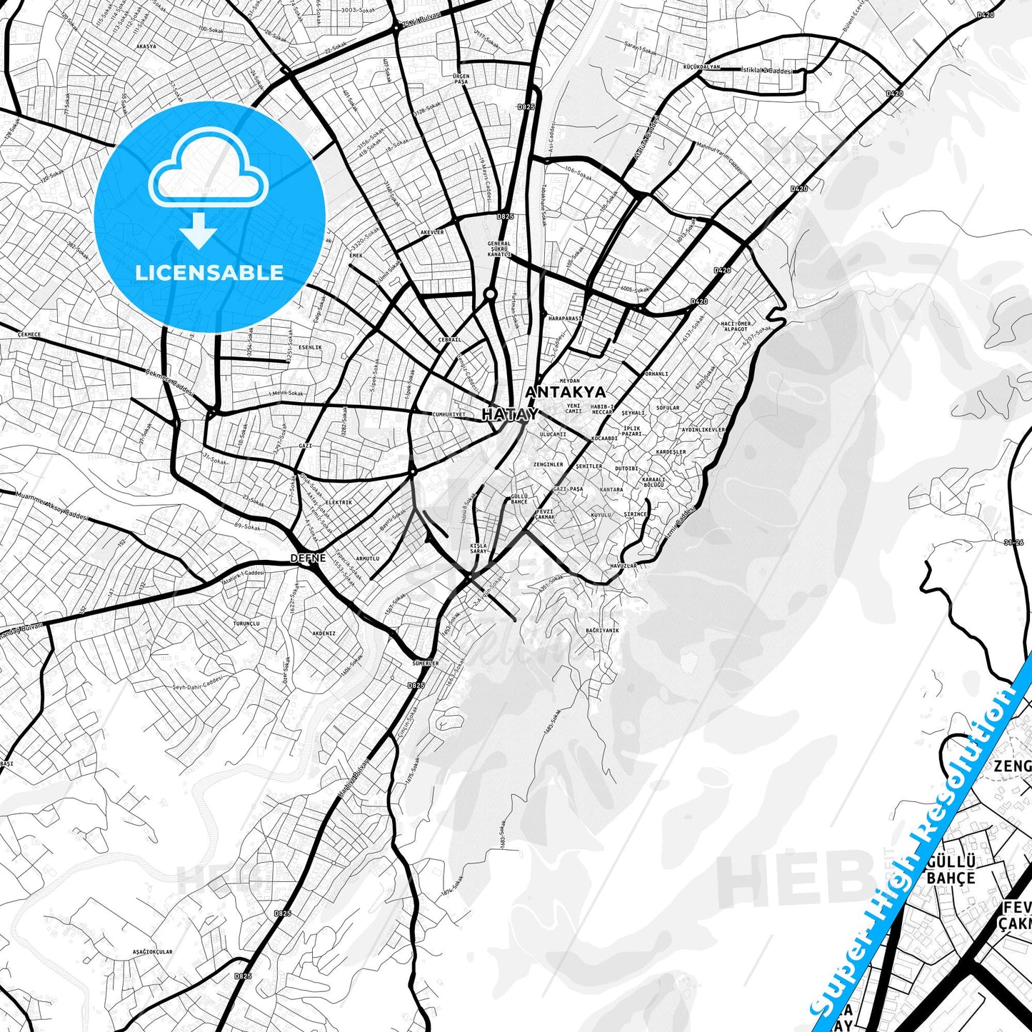 Antakya, Turkey Light Map with Street Names, City Names, and Districts