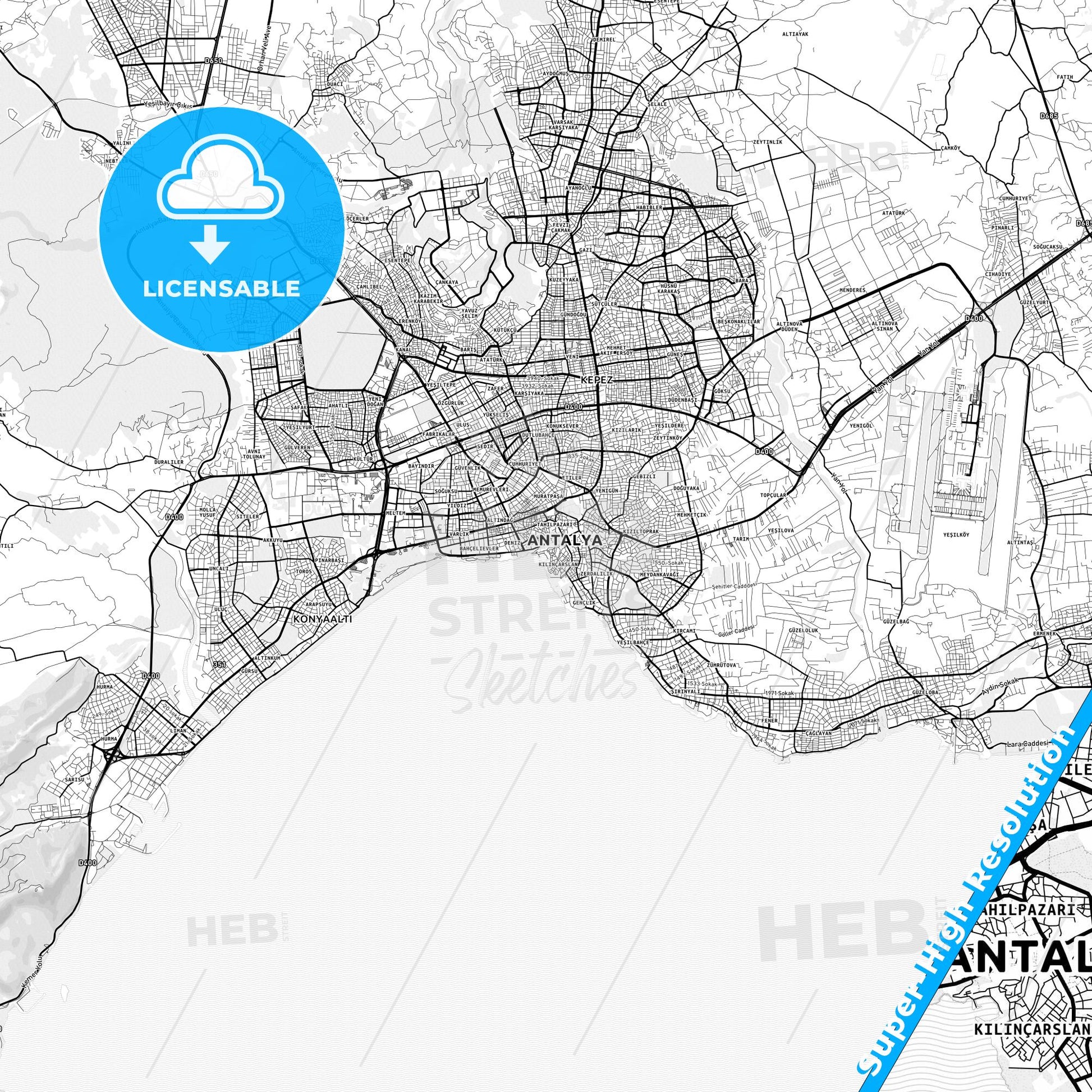 Antalya, Turkey light map with streetnames, citynames and districts