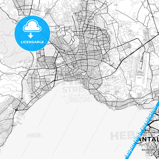 Antalya, Turkey light map with streetnames, citynames and districts