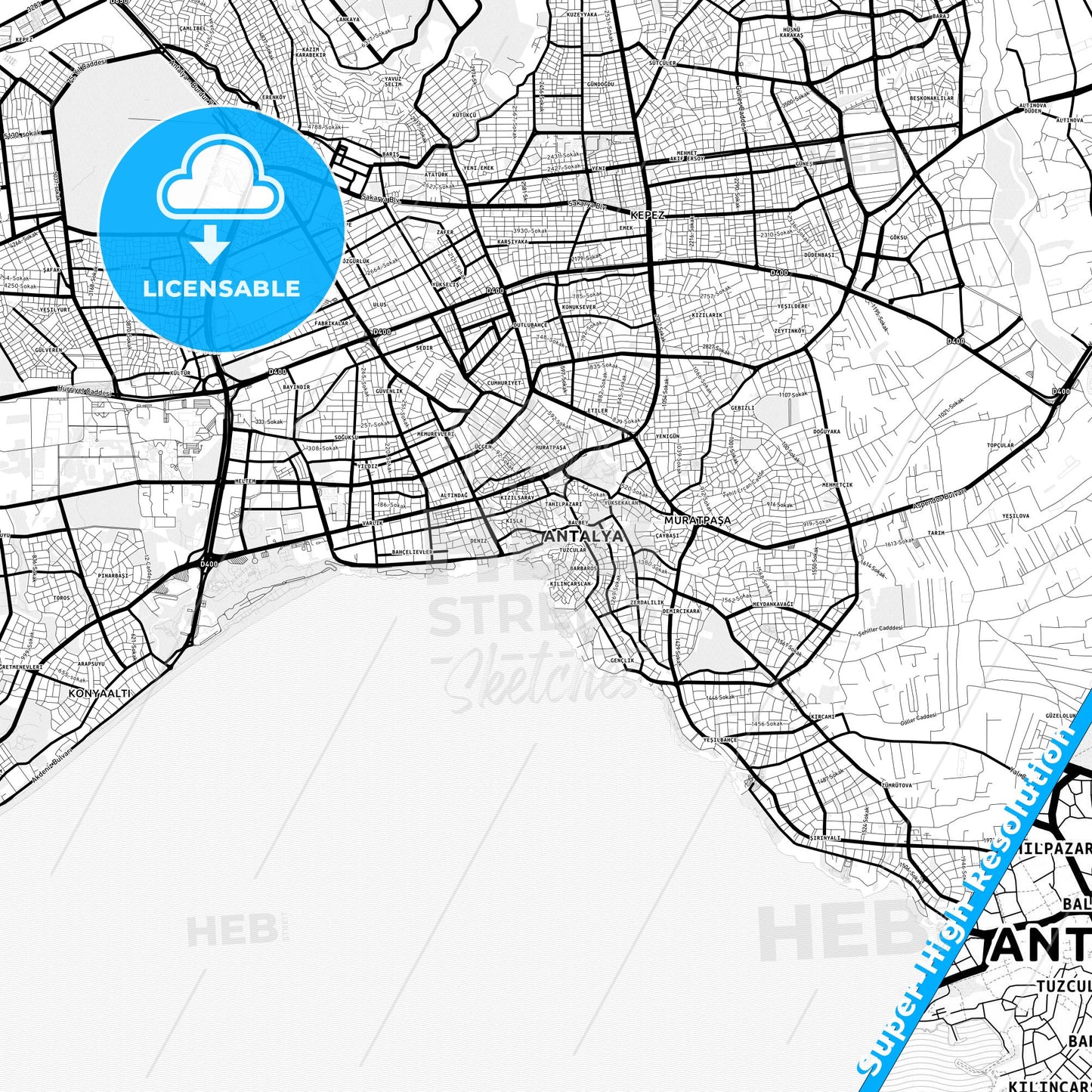 Antalya, Turkey Light Map with Street Names, City Names, and Districts
