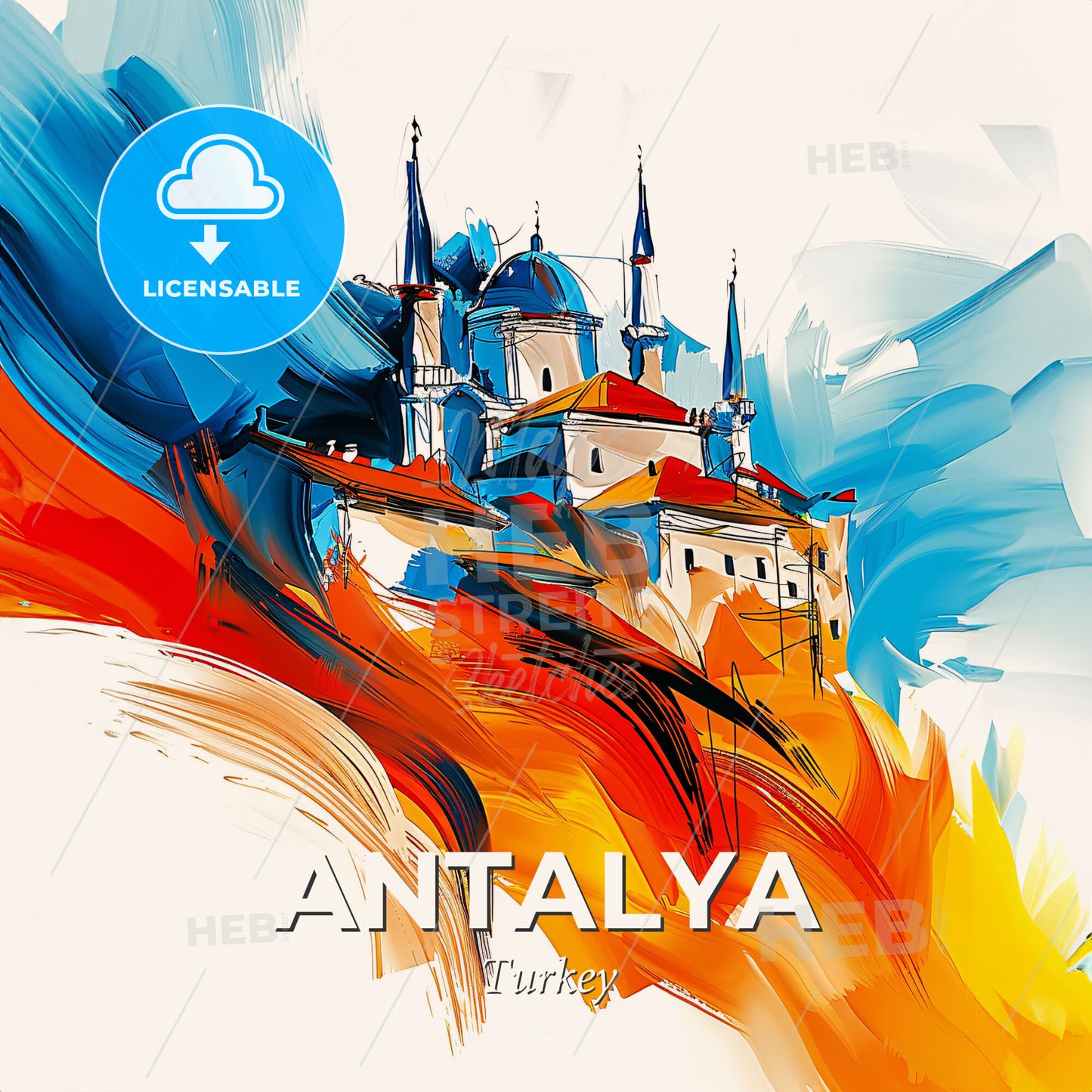 Vibrant Antalya, Turkey - A Painting Of A Castle On A Hill - Square format print template