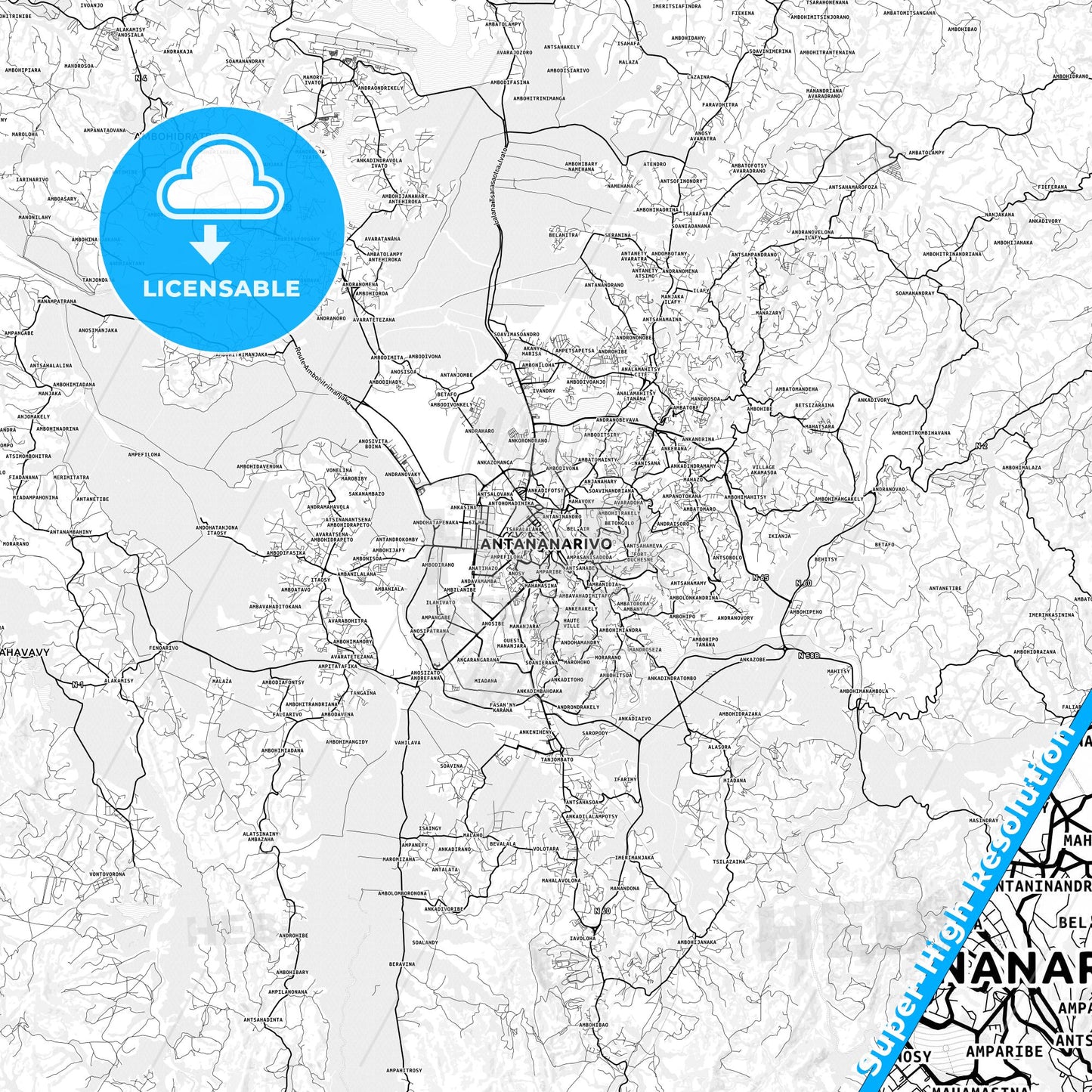 Antananarivo, Madagascar light map with streetnames, citynames and districts