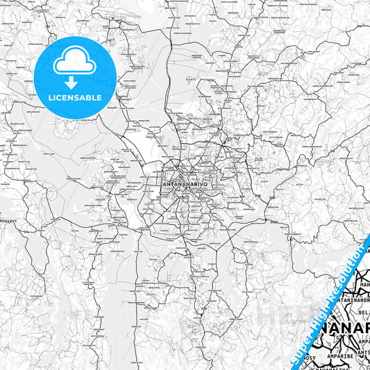 Antananarivo, Madagascar light map with streetnames, citynames and districts