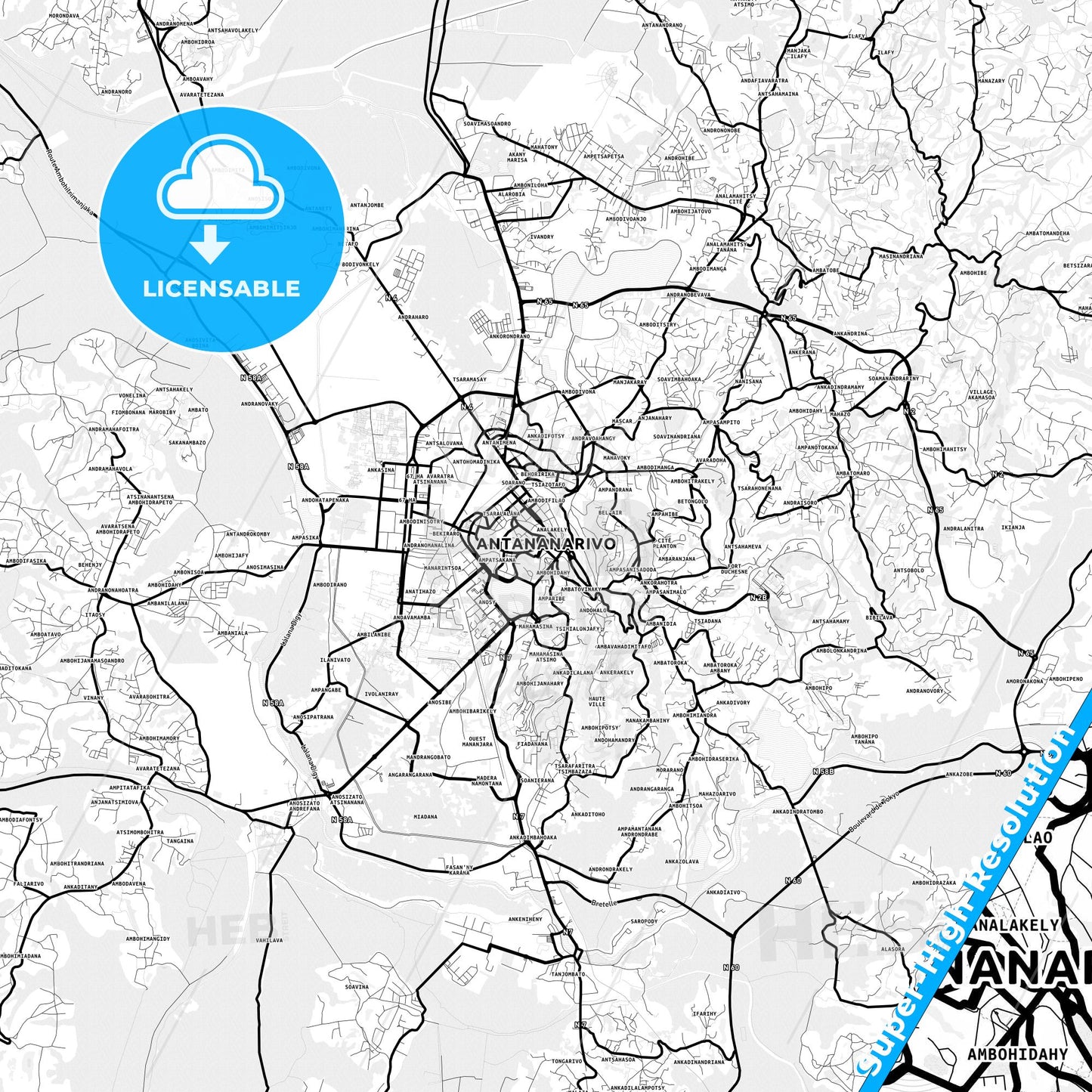 Antananarivo, Madagascar Light Map with Street Names, City Names, and Districts