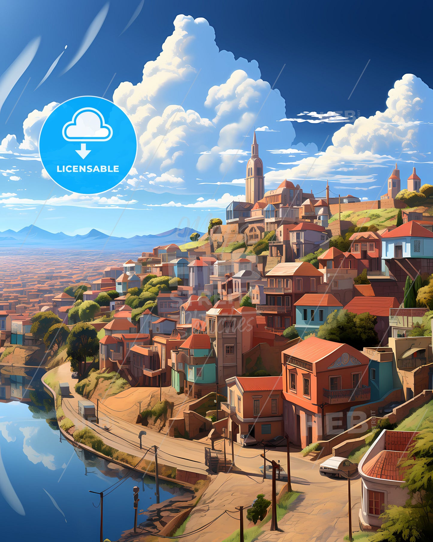 Vibrant Painted Skyline of Antananarivo Madagascar City on a Hill with Blue Sky and River