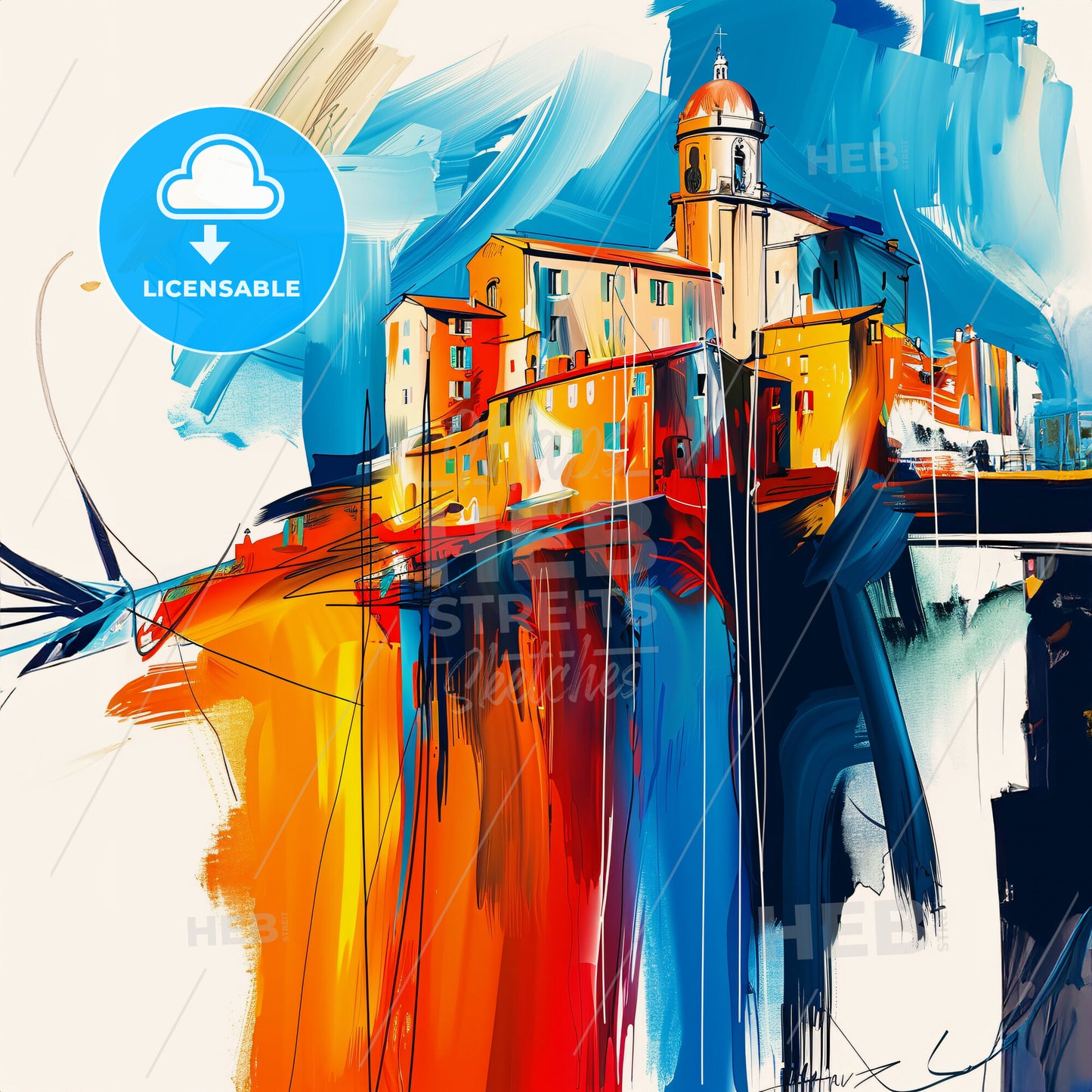 Vibrant Antibes, France - A Painting Of A Skyline With A Colorful Building