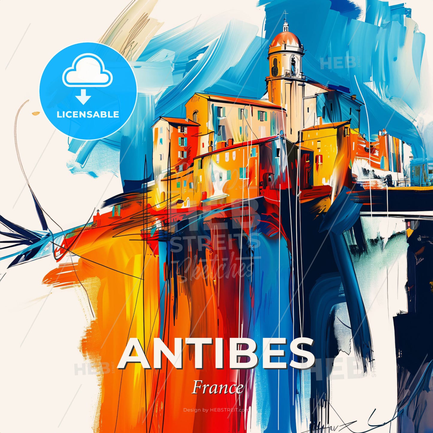 Vibrant Antibes, France - A Painting Of A Skyline With A Colorful Building - Square format print template