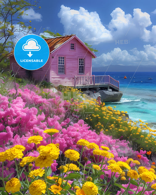 vibrant painting art Antigua and Barbuda North America pink house cliff by the water