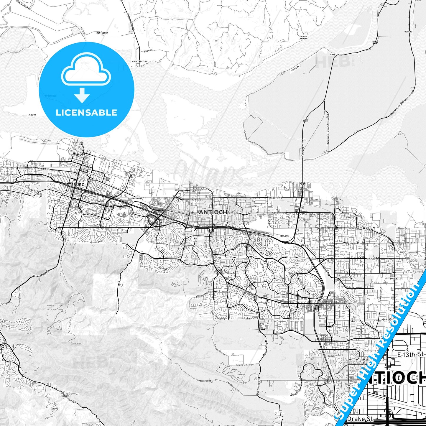 Antioch, California light map with streetnames, citynames and districts