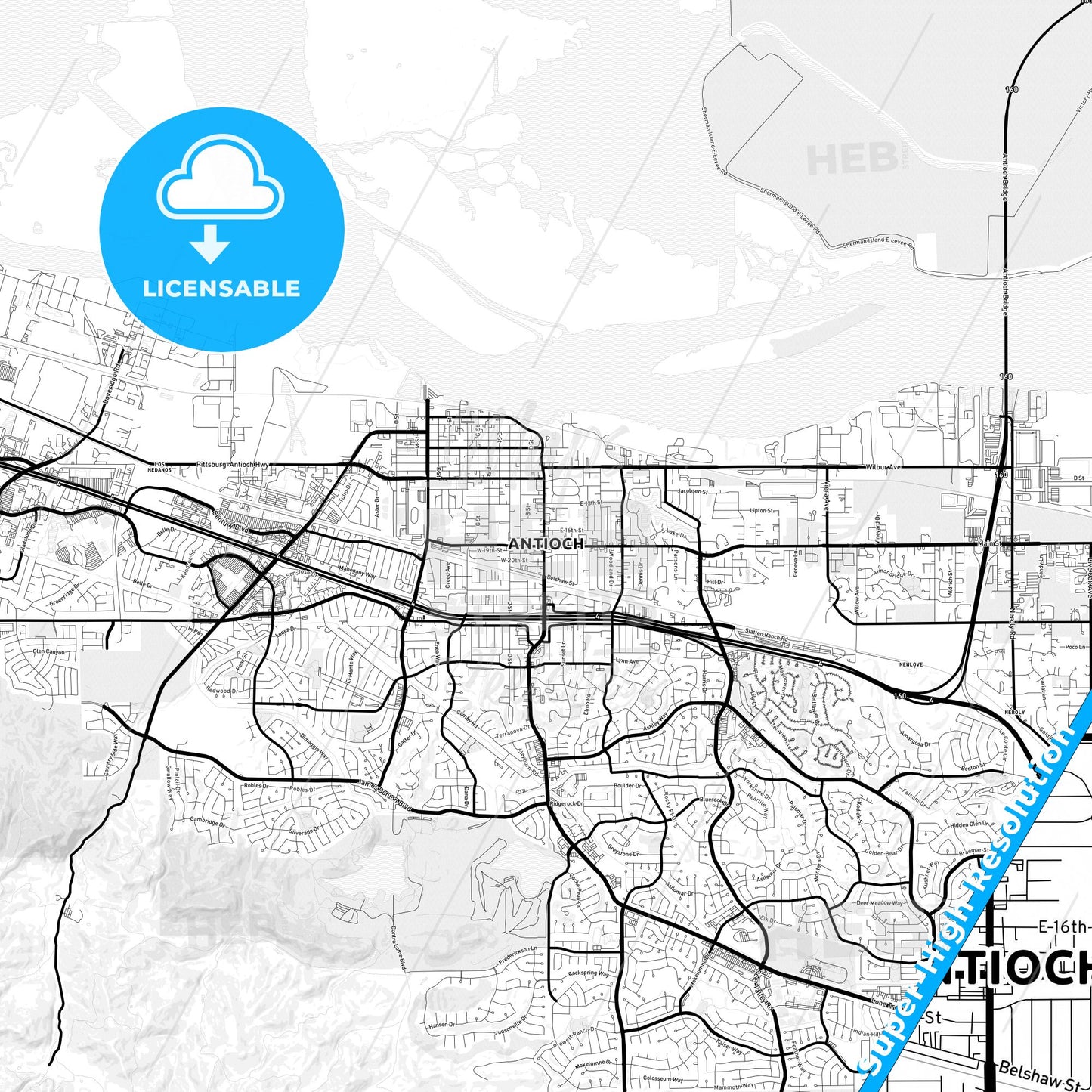 Antioch, California Light Map with Street Names, City Names, and Districts