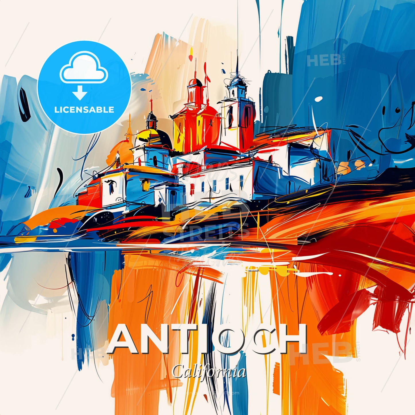 Vibrant Antioch, California - A Painting Of A Building With A Waterfall - Square format print template