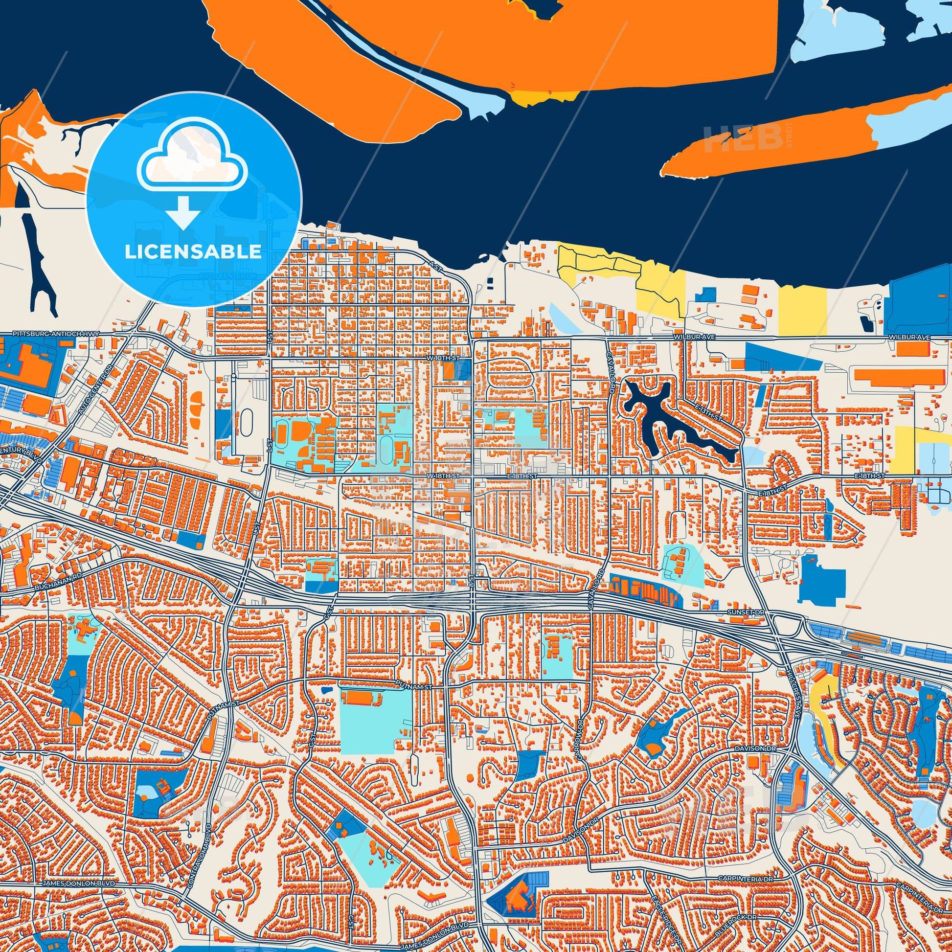 Colorful Antioch Street Map with Labels and Buildings