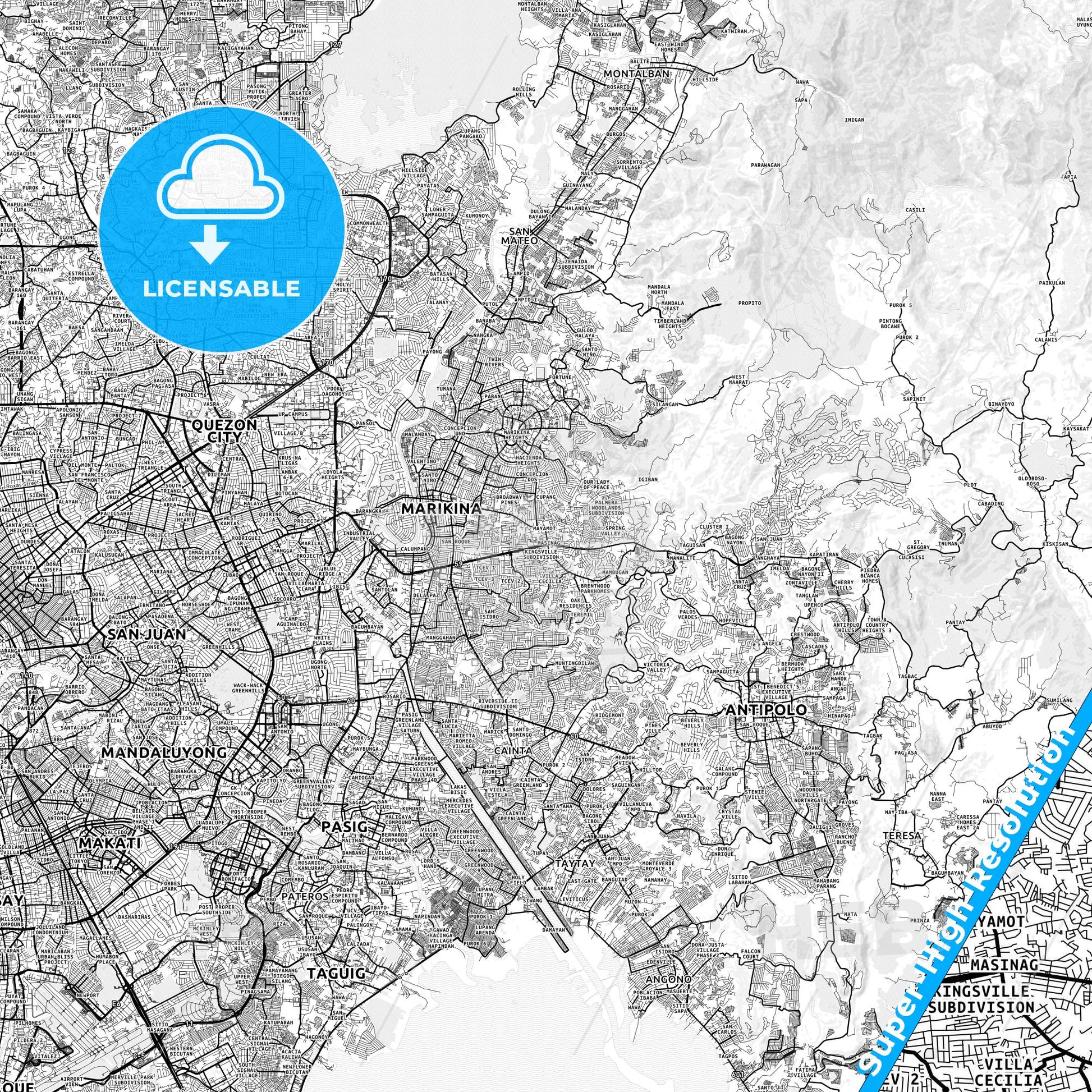 Antipolo, Philippines light map with streetnames, citynames and districts