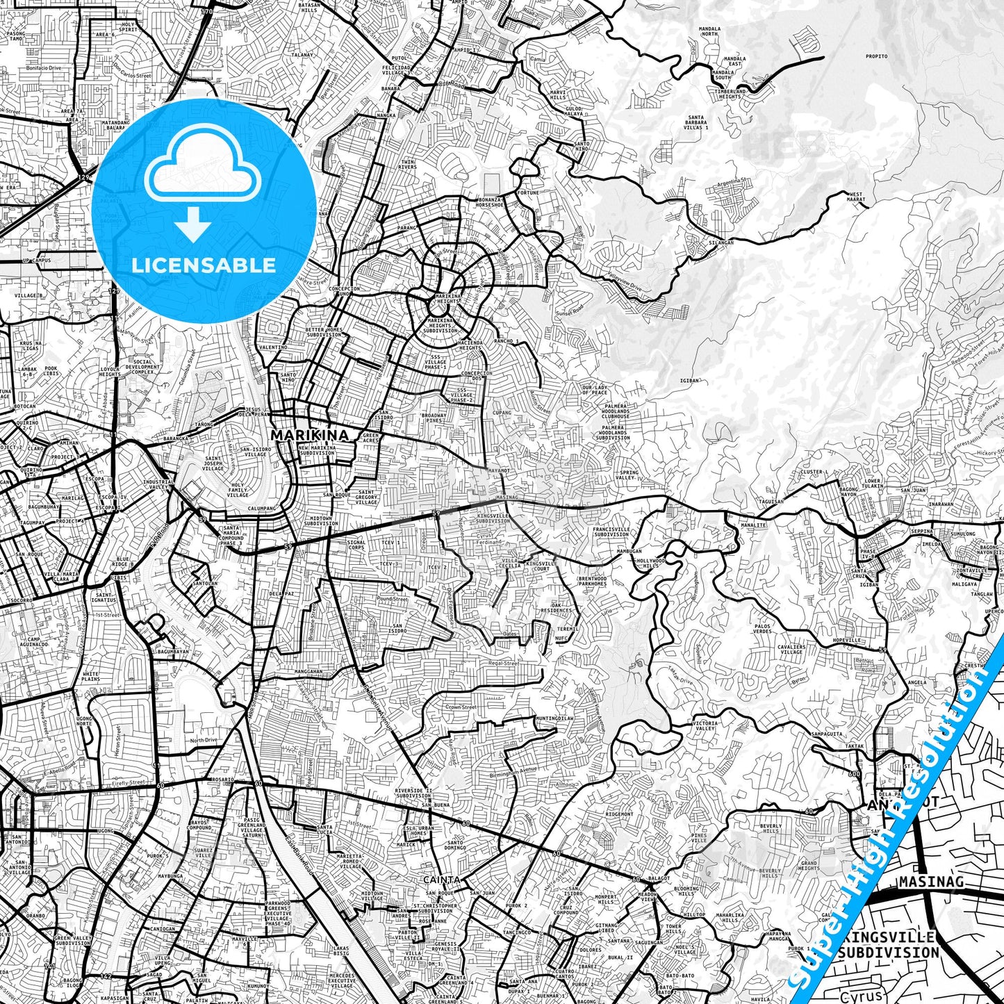 Antipolo, Philippines Light Map with Street Names, City Names, and Districts