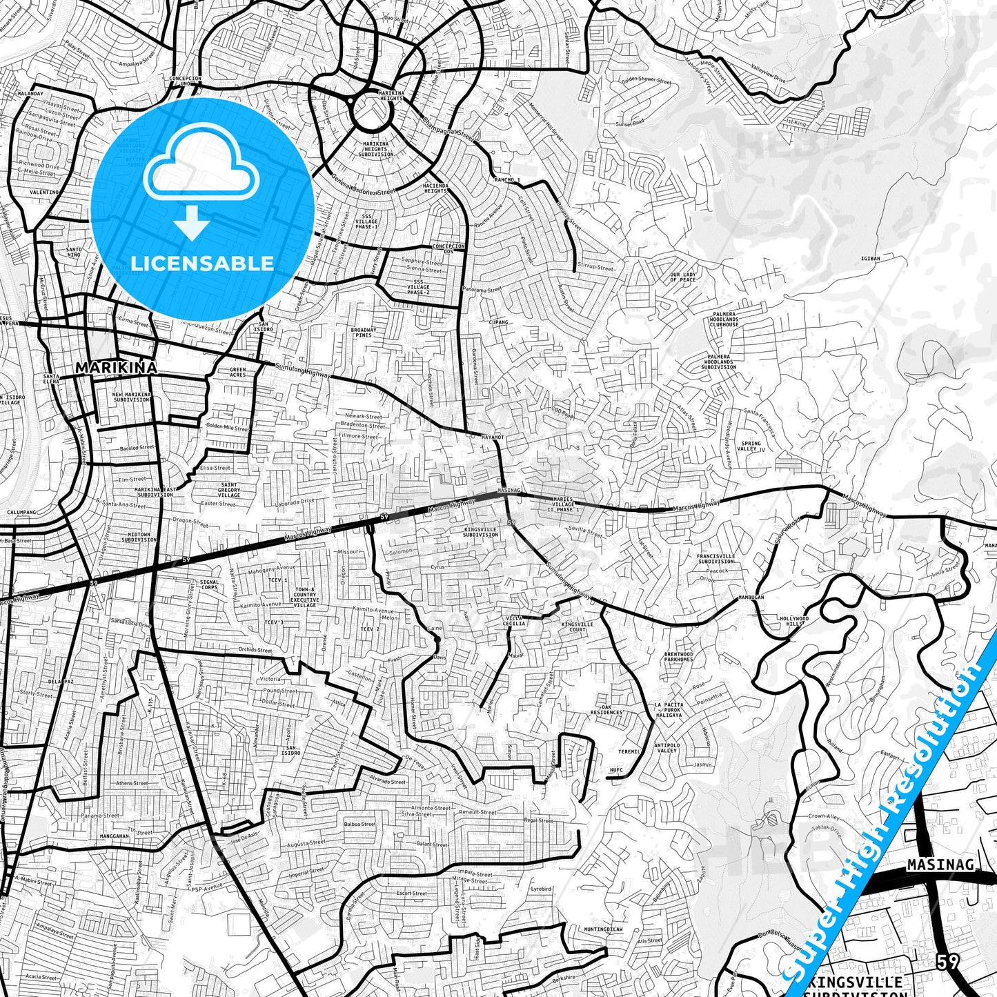 Antipolo, Philippines Light Map with Street Names, City Names, and Districts