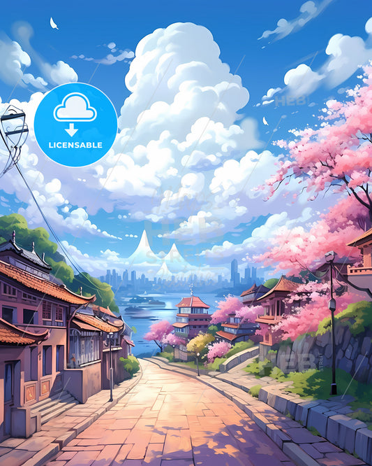 Antipolo Skyline Philippines Street Buildings Trees Watercolor Painting Urban Cityscape