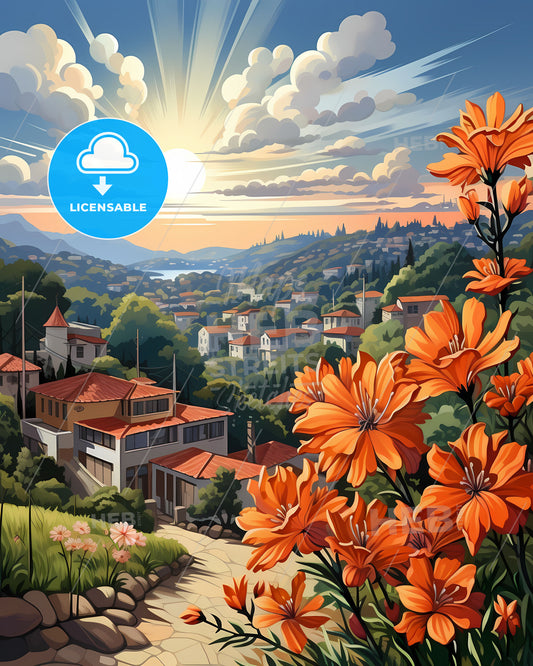 Painting of Antipolo Skyline, Philippines with Bright Flowers and Artistic Detail
