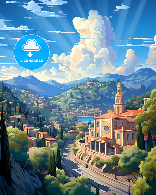 Panoramic Landscape Painting Depicting Antipolo Skyline, Philippines - Vibrant Artwork Showcasing Town and Nature