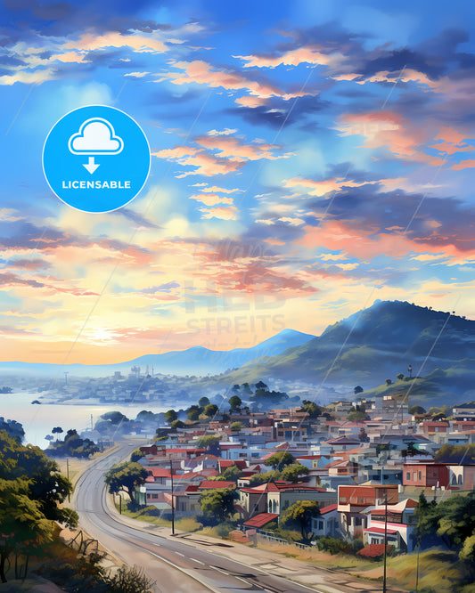 Vibrant Antipolo Philippines City Skyline Painting with Road and Mountains Panorama Artwork