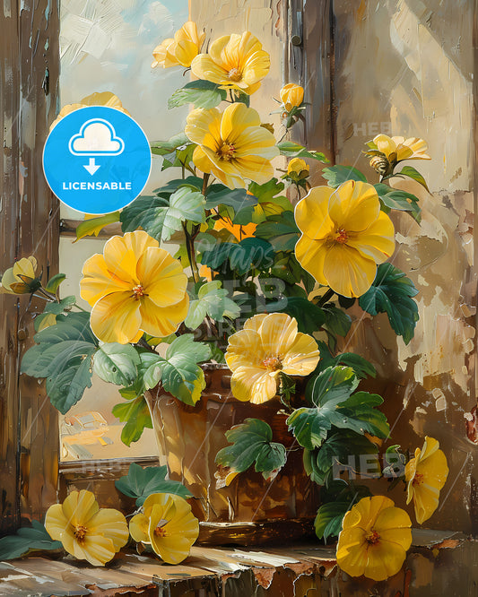 Bohemian Antique Oil Painting Yellow Flower in Clay Pot Cottagecore Aesthetic Country Farmhouse Decor Wall Art