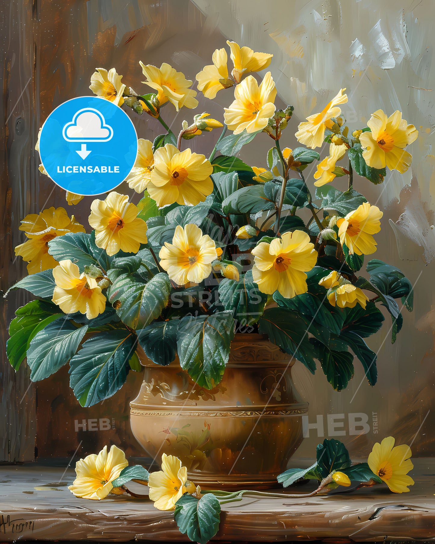 Vibrant Antique Oil Painting: Bohemian Cottagecore Aesthetic of Yellow Flower in Flowerpot