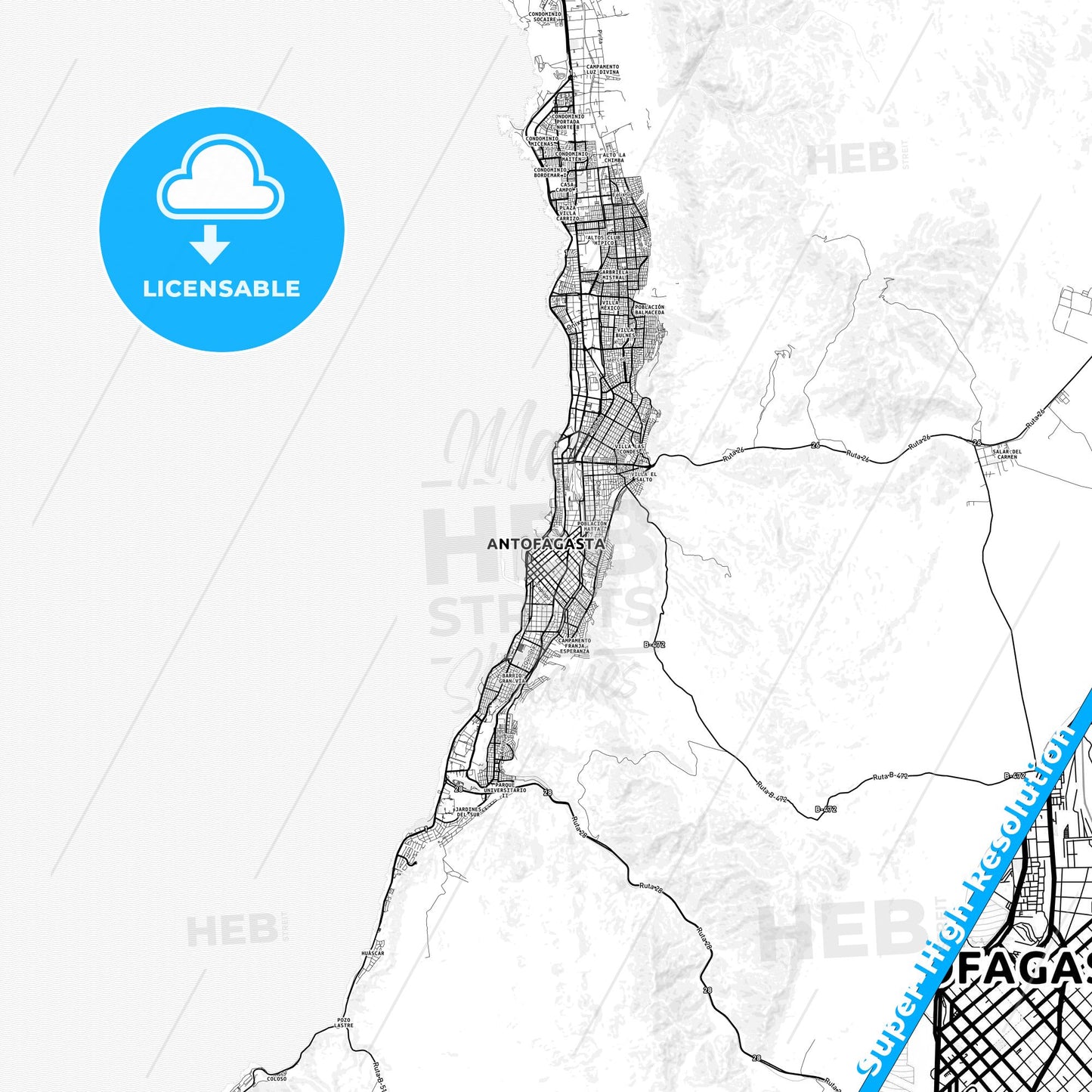Antofagasta, Chile light map with streetnames, citynames and districts