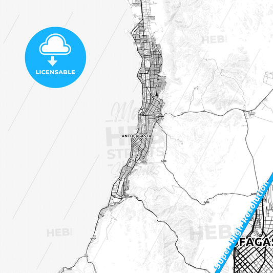 Antofagasta, Chile light map with streetnames, citynames and districts