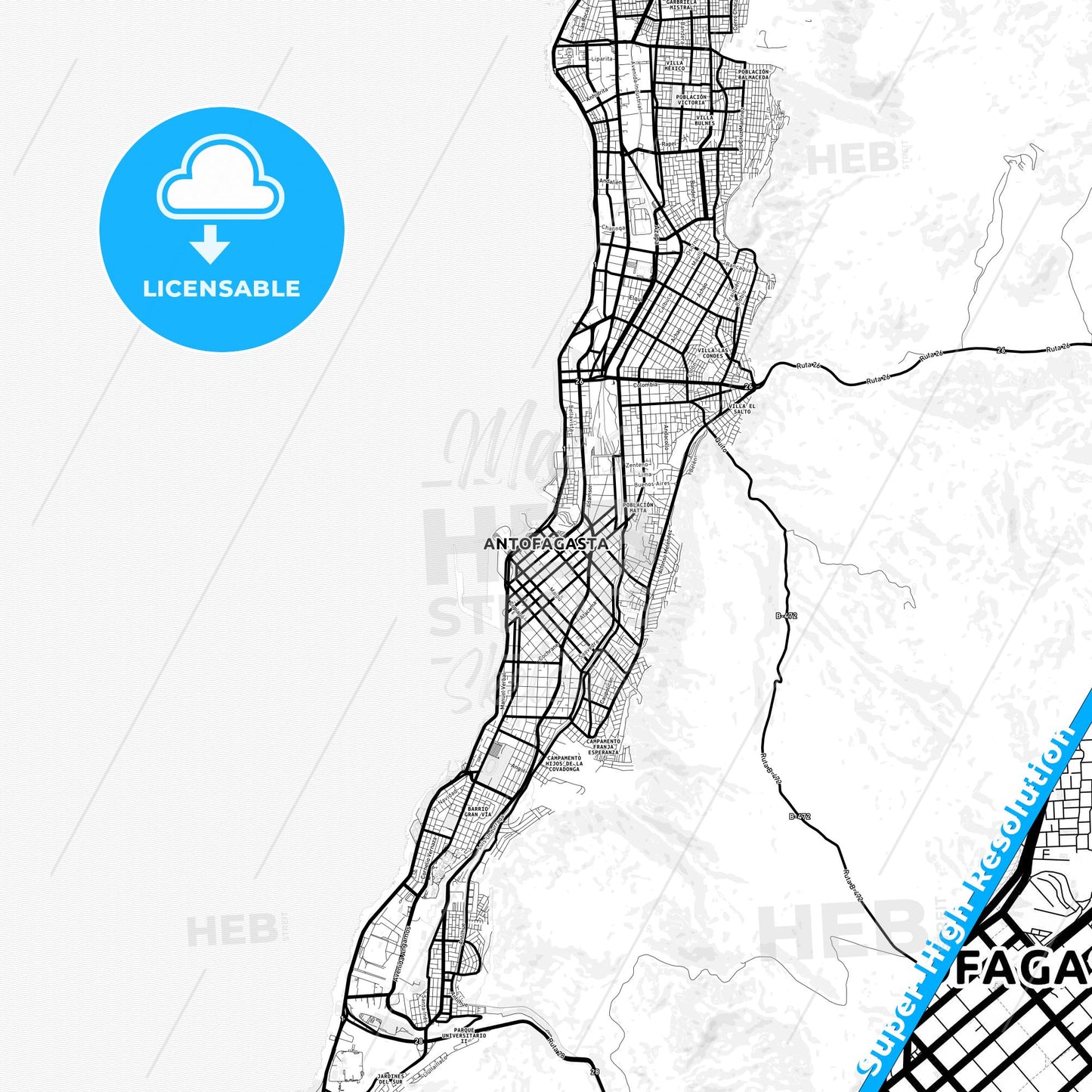 Antofagasta, Chile Light Map with Street Names, City Names, and Districts