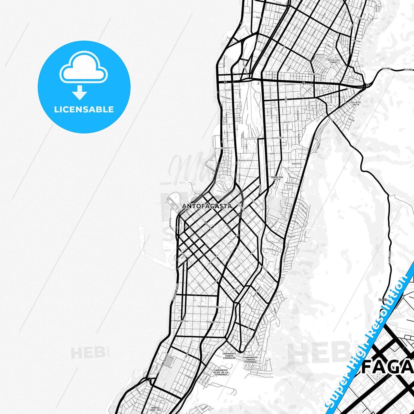 Antofagasta, Chile Light Map with Street Names, City Names, and Districts