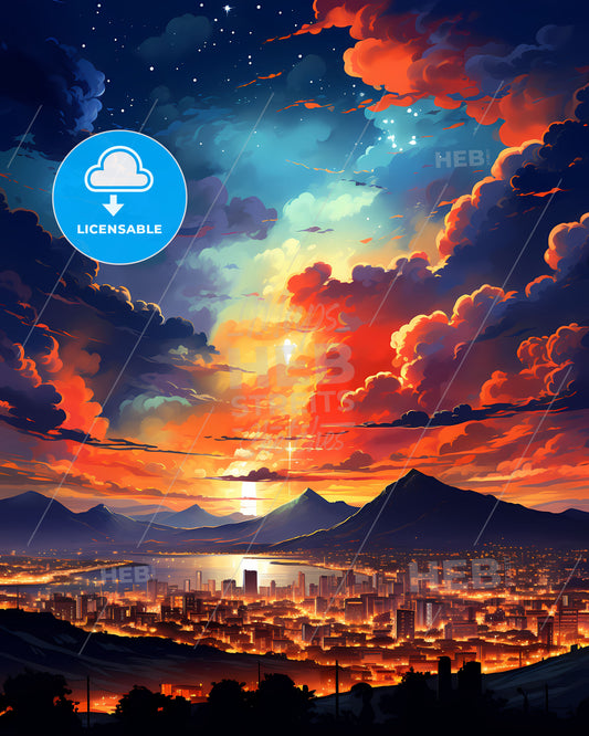 Vibrant Cityscape Painting of Antofagasta Skyline with Mountains and Clouds