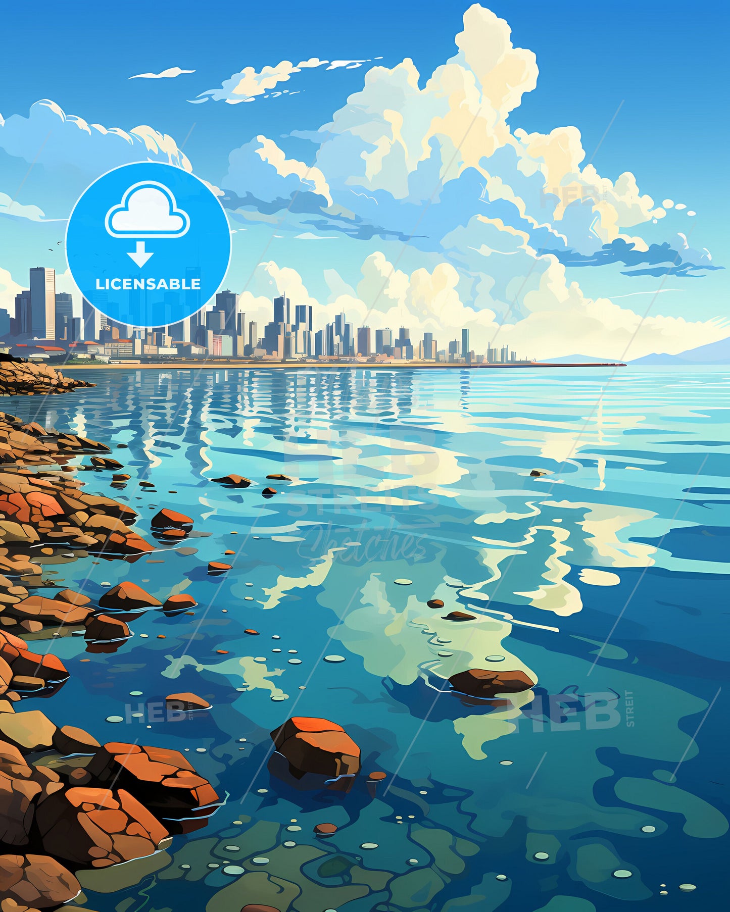 Vibrant Fine Art Painting of Antofagasta Chile Skyline Featuring Rocky Shore and City at Dawn