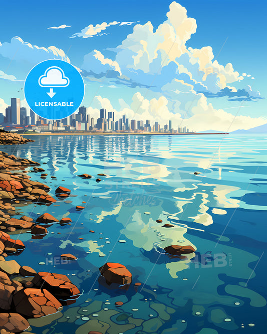 Vibrant Fine Art Painting of Antofagasta Chile Skyline Featuring Rocky Shore and City at Dawn