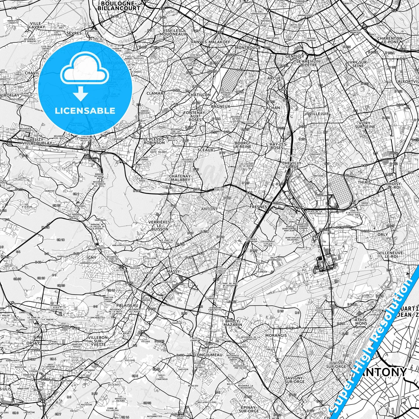 Antony, France light map with streetnames, citynames and districts