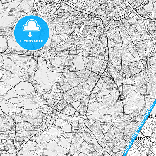 Antony, France light map with streetnames, citynames and districts