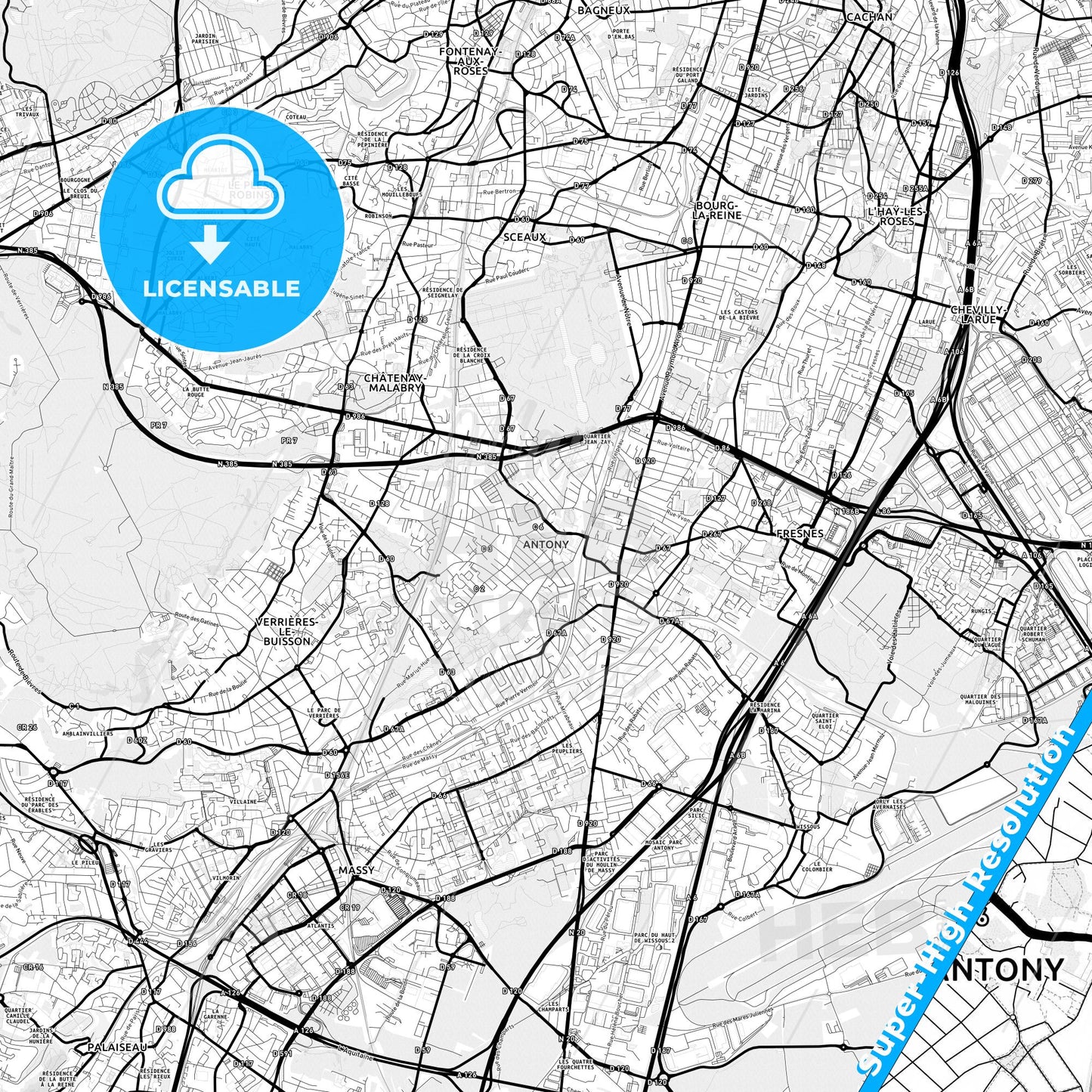 Antony, France Light Map with Street Names, City Names, and Districts