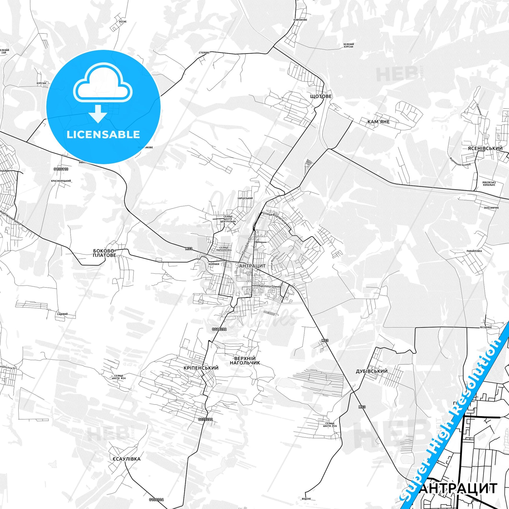 Antratsyt, Ukraine light map with streetnames, citynames and districts