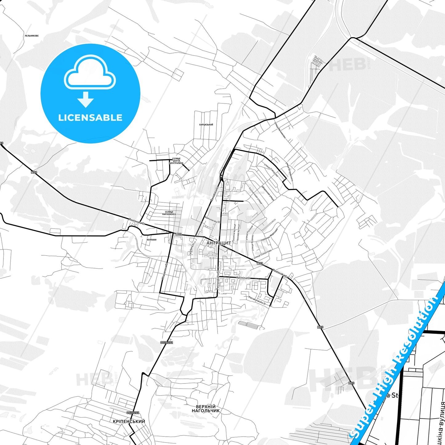 Antratsyt, Ukraine Light Map with Street Names, City Names, and Districts