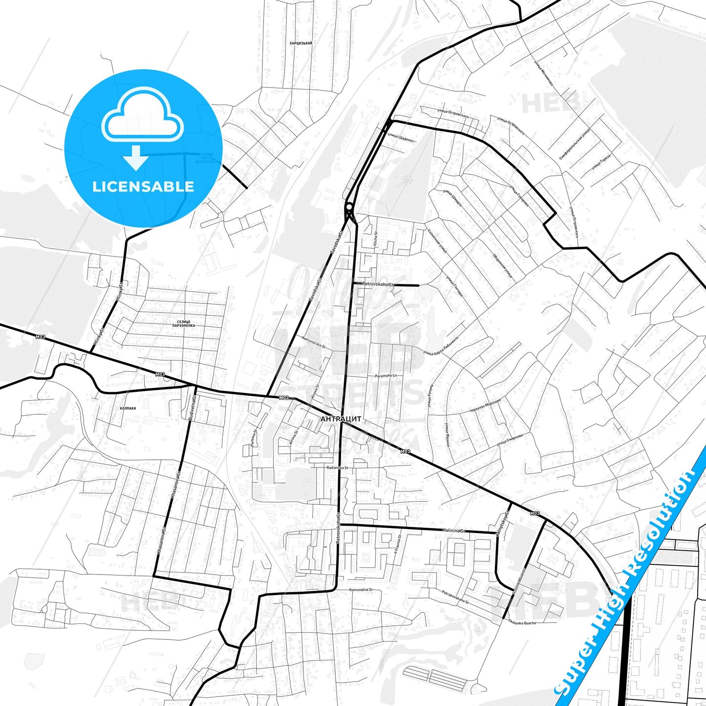 Antratsyt, Ukraine Light Map with Street Names, City Names, and Districts