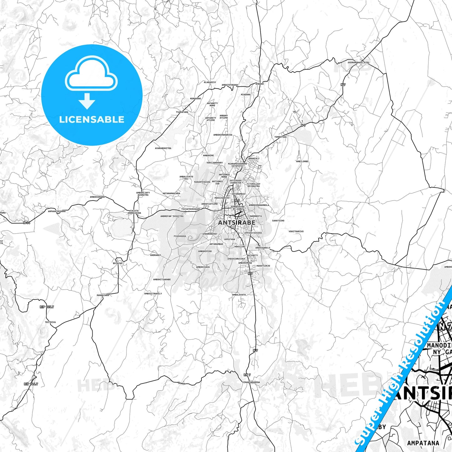 Antsirabe, Madagascar light map with streetnames, citynames and districts