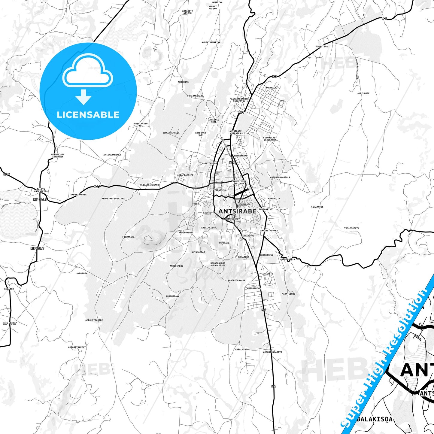 Antsirabe, Madagascar Light Map with Street Names, City Names, and Districts
